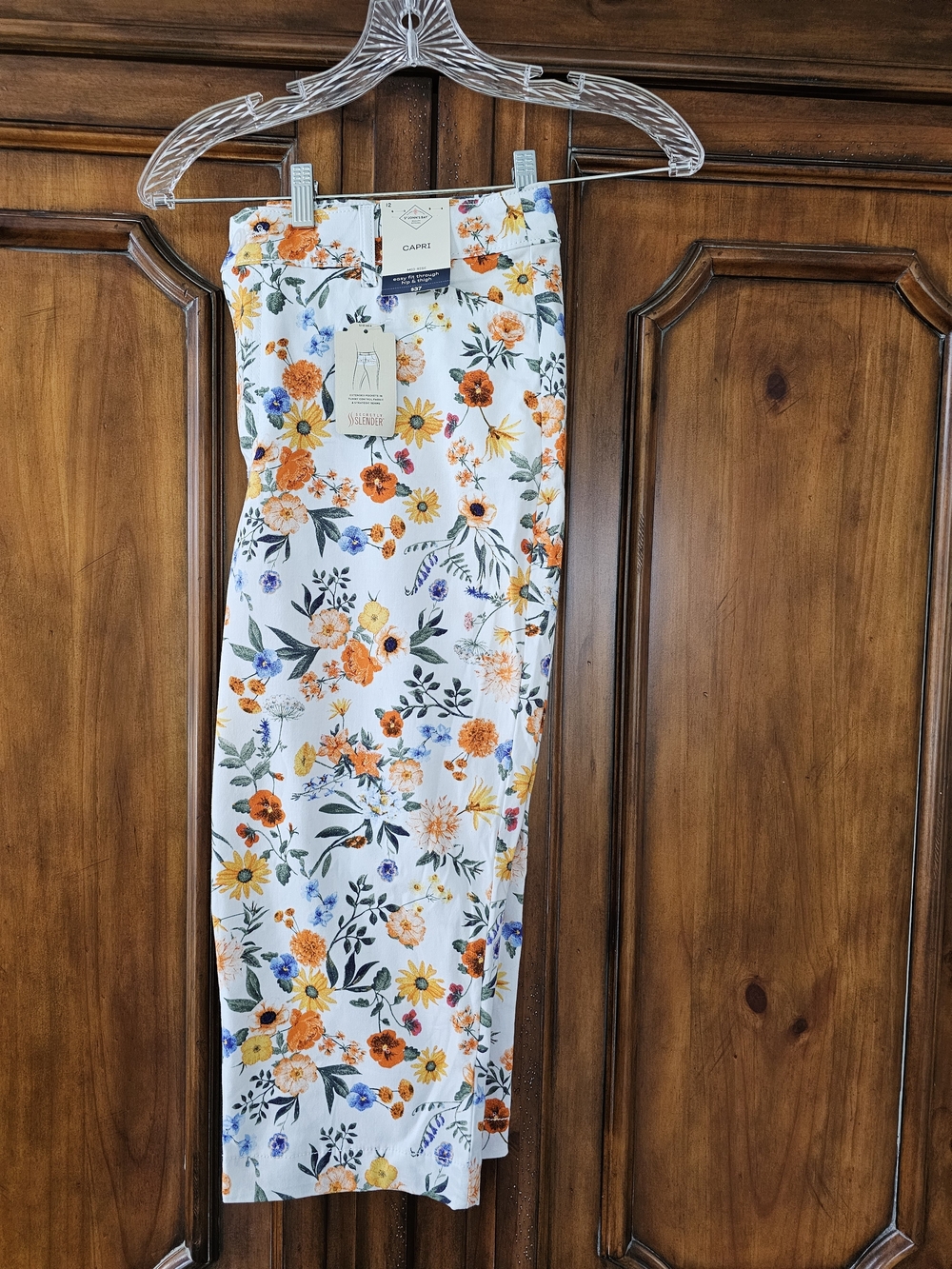 White Floral Capri Pants with Orange & Yellow Blooms